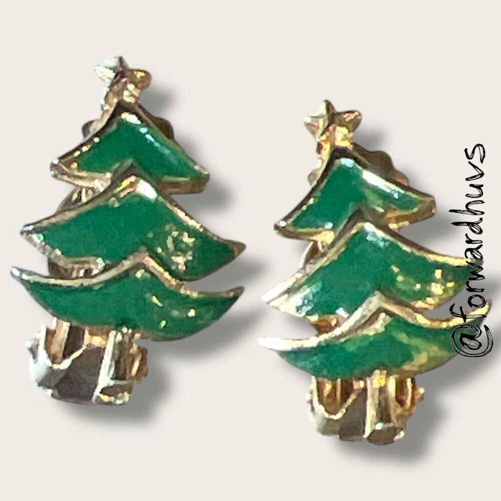 Bundle Sale 3 for $15 | Green Enamel Christmas Tree Clip-On Earrings – 1”